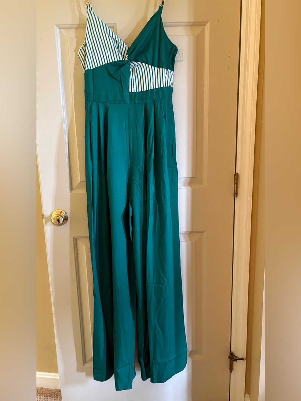 Chicways Size Medium Emerald Green Wide-Leg Jumpsuit with Striped Bodice, NWOT
